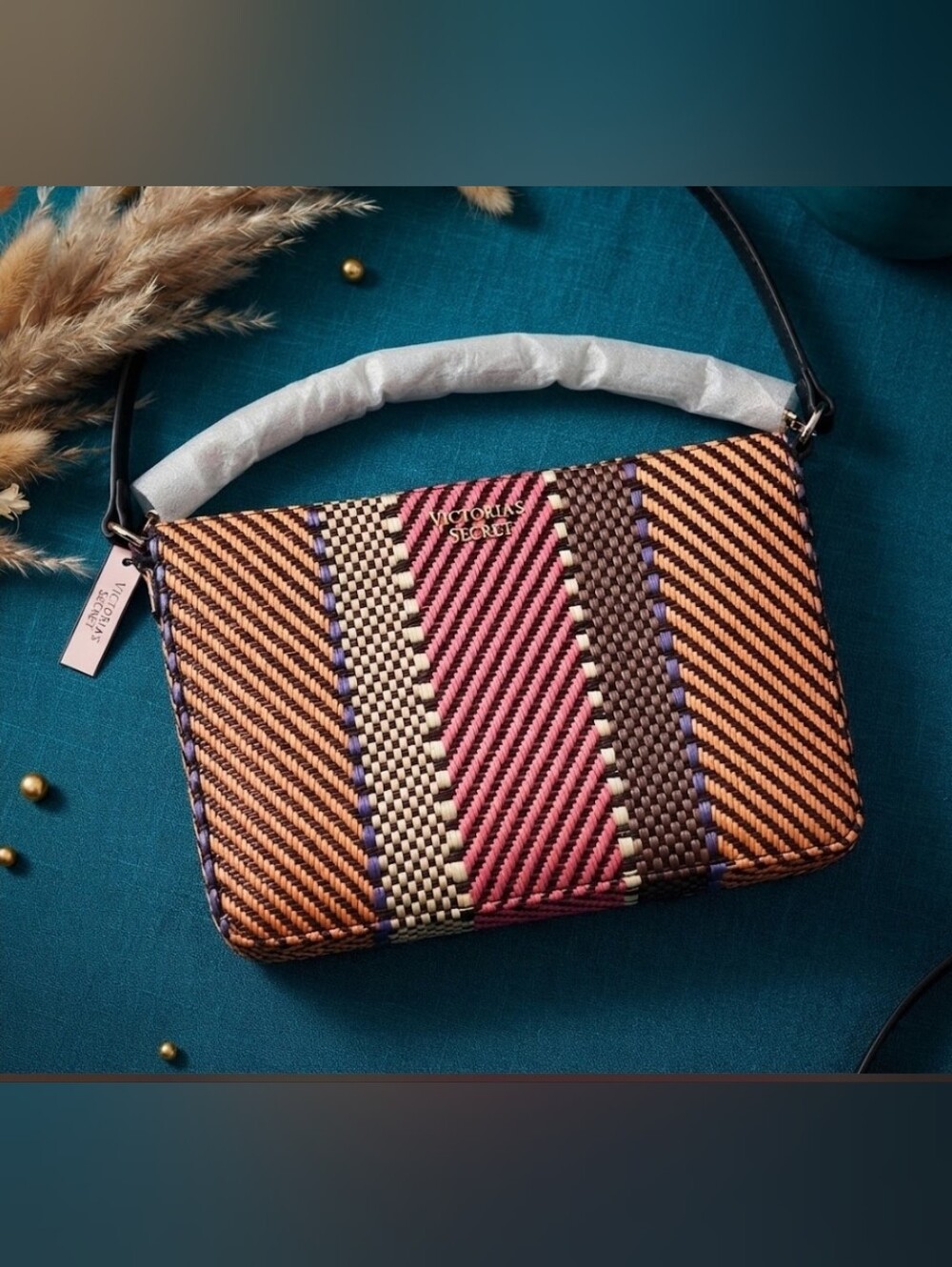 Victoria's Secret Striped Woven Crossbody Bag - Pink, Brown & Cream Brand New